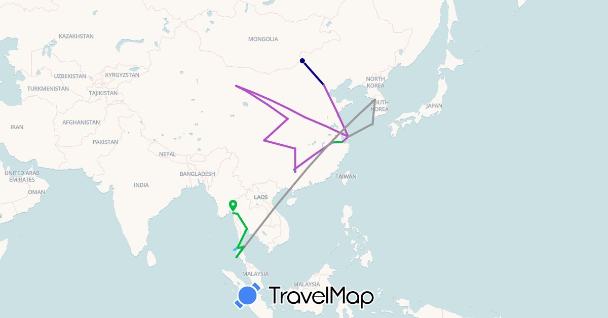 TravelMap itinerary: driving, bus, plane, train, boat in China, South Korea, Myanmar (Burma), Thailand (Asia)